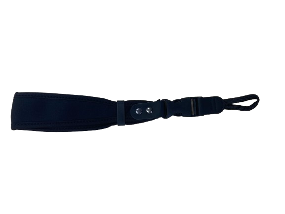 Black sponge wrist strap for DSLR and mirrorless cameras - 23cm long, 3.5cm wide, secure buckle