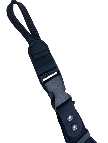 Black sponge wrist strap for DSLR and mirrorless cameras - 23cm long, 3.5cm wide, secure buckle