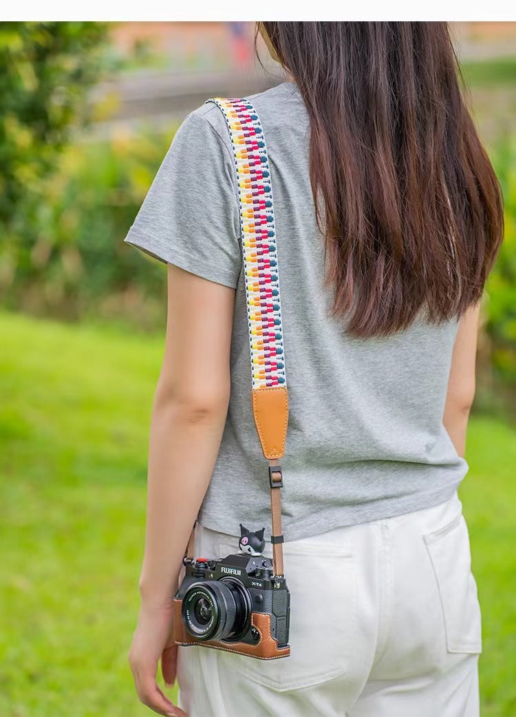 White vintage-inspired camera strap - adjustable cotton and faux leather shoulder sling