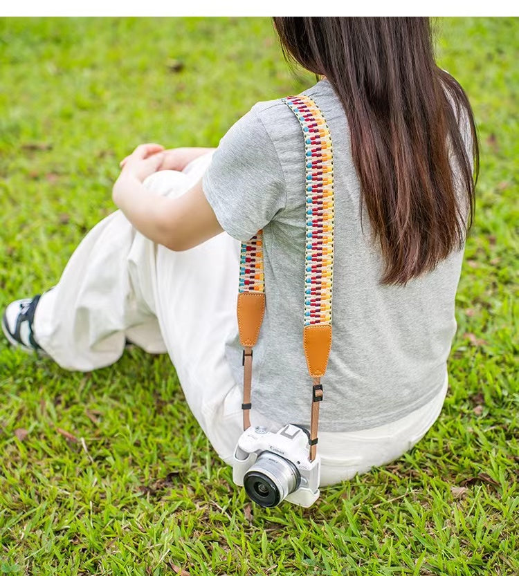 Yellow green cotton and faux leather camera strap - adjustable for comfortable use