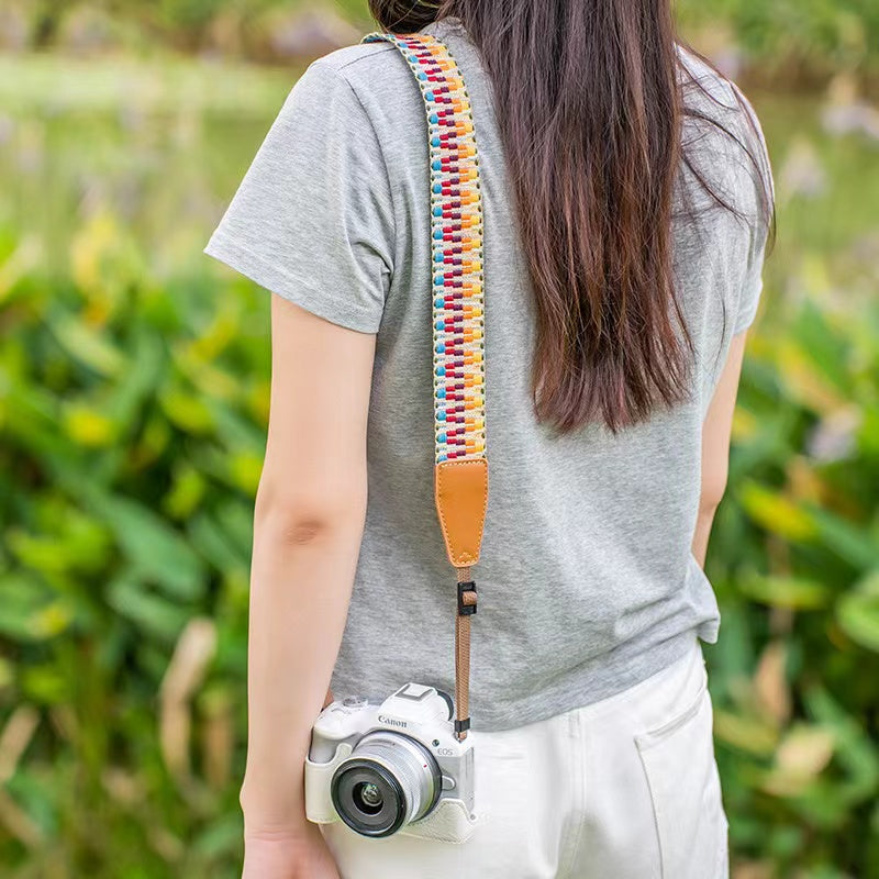 Pink cotton and faux leather camera strap - stylish adjustable shoulder sling for SLR cameras