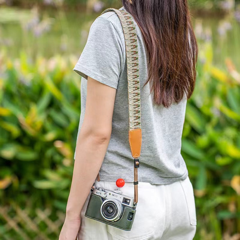 Grey-green cotton and faux leather camera strap - adjustable shoulder sling for SLR cameras