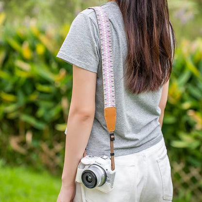 Pink cotton and faux leather camera strap - stylish adjustable shoulder sling for SLR cameras