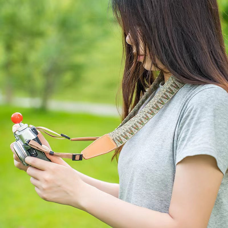 Brown vintage-inspired camera strap - adjustable cotton and faux leather shoulder sling for SLR cameras