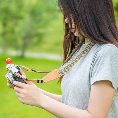 Brown vintage-inspired camera strap - adjustable cotton and faux leather shoulder sling for SLR cameras