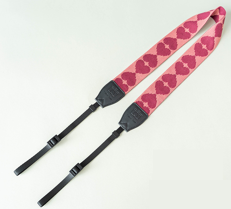 Pink polyester fiber camera strap with heart shape and durable leather trim - For DSLR and mirrorless