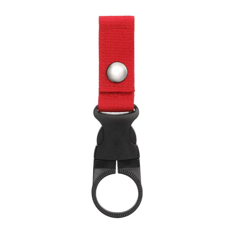 "Red water bottle buckle holder - durable nylon webbing for backpacks