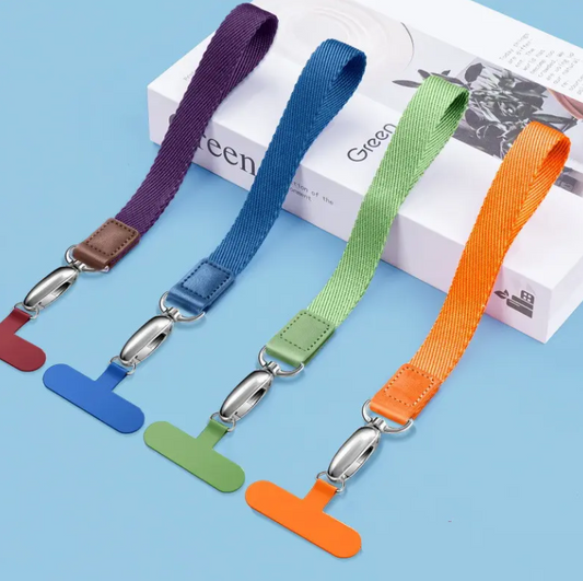 Assorted colors of universal nylon mobile phone lanyards - Orange, Purple, Gray, and Green