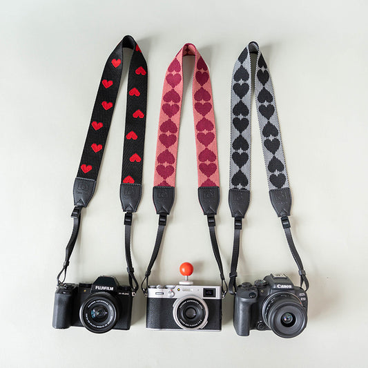 Heart-shaped camera straps in Gray, Black, and Pink - Thickened crossbody straps for DSLR and mirrorless cameras