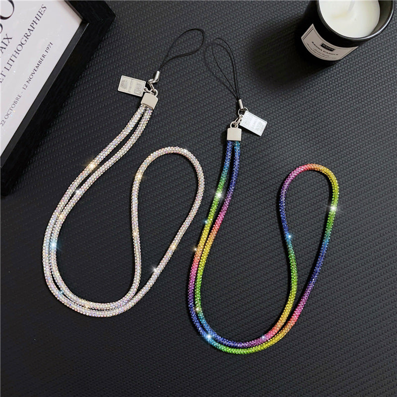 Rainbow and Sliver rhinestone mobile phone lanyard with diamond inlays