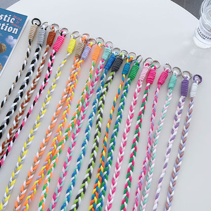 Assorted colors of woven rope phone straps - including Pink, Green, Black, Blue, Purple, and more