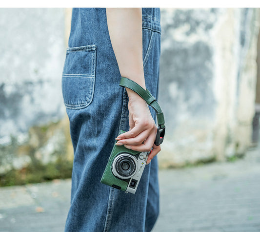 Green cotton cloth and leather SLR camera wrist strap - simple and portable