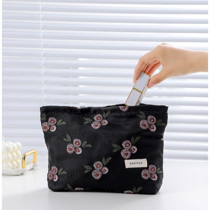 Cotton Linen Embroidered Plant Makeup Bag, Hypoallergenic Cosmetic Pouch with Portable Canvas Storage for Lipstick Skincare Products Toiletry Organizer (B01003)