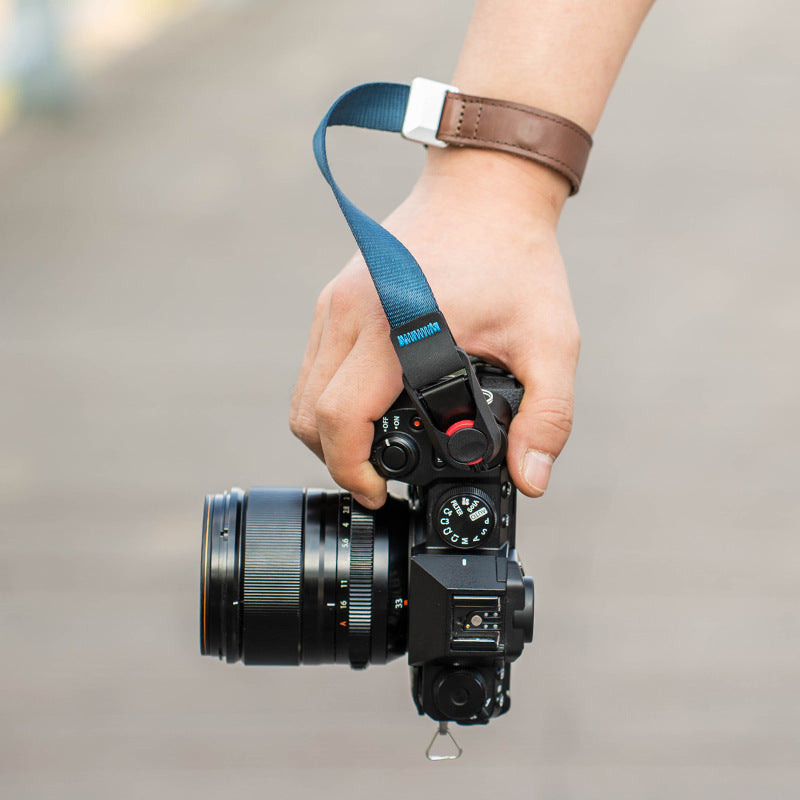 Blue wrist strap for camera - modern design with quick release feature