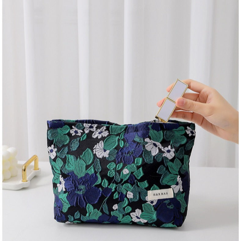 Cotton Linen Embroidered Plant Makeup Bag, Hypoallergenic Cosmetic Pouch with Portable Canvas Storage for Lipstick Skincare Products Toiletry Organizer (B01003)