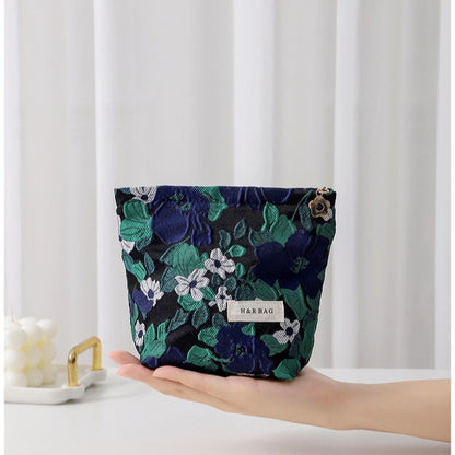 Cotton Linen Embroidered Plant Makeup Bag, Hypoallergenic Cosmetic Pouch with Portable Canvas Storage for Lipstick Skincare Products Toiletry Organizer, green