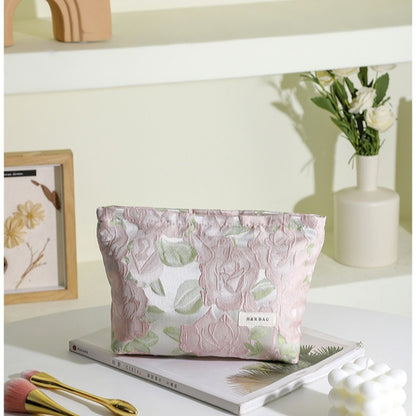 Cotton Linen Embroidered Plant Makeup Bag, Hypoallergenic Cosmetic Pouch with Portable Canvas Storage for Lipstick Skincare Products Toiletry Organizer (B01003)