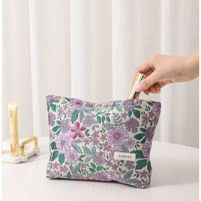 Cotton Linen Embroidered Plant Makeup Bag, Hypoallergenic Cosmetic Pouch with Portable Canvas Storage for Lipstick Skincare Products Toiletry Organizer (B01003)