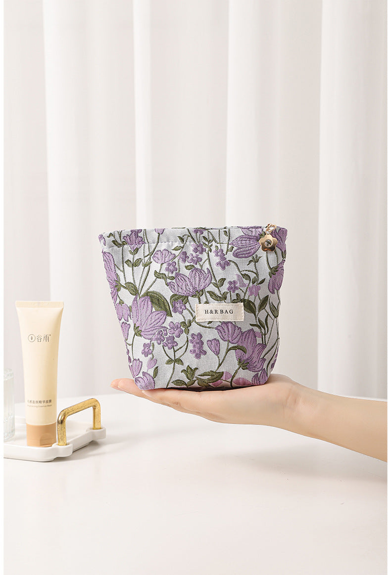 Cotton Linen Embroidered Plant Makeup Bag, Hypoallergenic Cosmetic Pouch with Portable Canvas Storage for Lipstick Skincare Products Toiletry Organizer, purple small