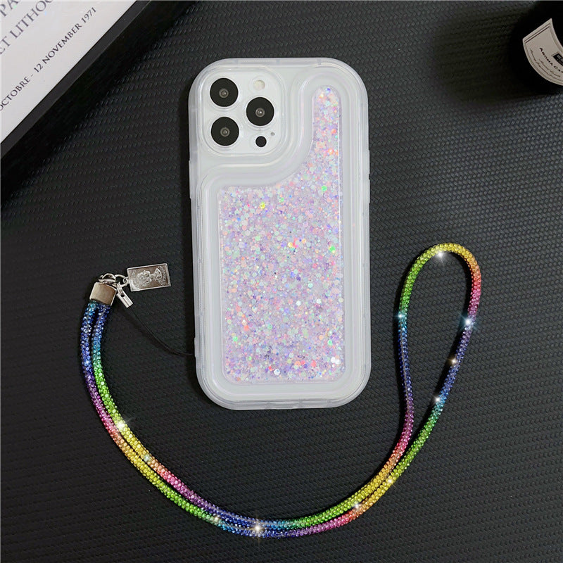 Short Rainbow rhinestone mobile phone lanyard with diamond inlays